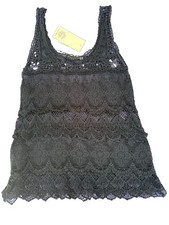 VTG 100 Cotton Black Crochet Tiered Lace Scallop Trim Tank Top Size XS - NWT