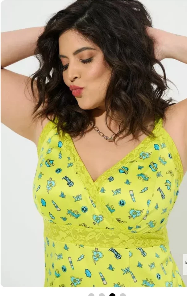 Vestido Feminino Betsey Johnson X Tórrido Amarelo Midi Cetim Renda 1X Logotipo Anos 90 Y2K - Imagem 2 de 4