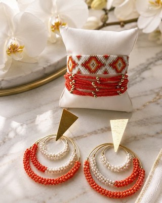 2pc Orange White Miyuki Seed Bead Bracelet Set Handmade Boho Jewelry for Women
