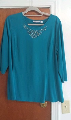 Susan Graver Women's Liquid Knit Tunic Teal Blue Beaded Size Large