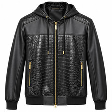 Chaqueta con estampado de cocodrilo de cuero real negro para hombre...