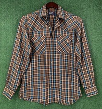 VTG 70  s Levi  s Western Plaid Brown Teal Pearl Snap Tapered Fit Shirt Mens Small