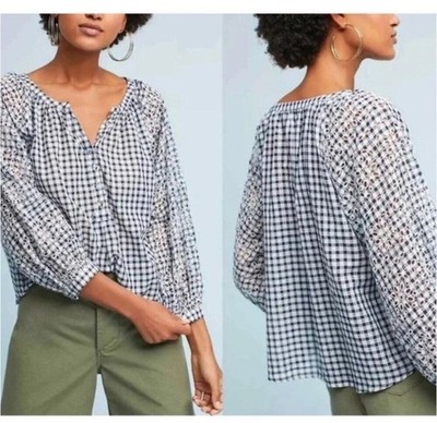 Akemi + Kin Presley Gingham Embroidered Eyelet Blouse Sz L