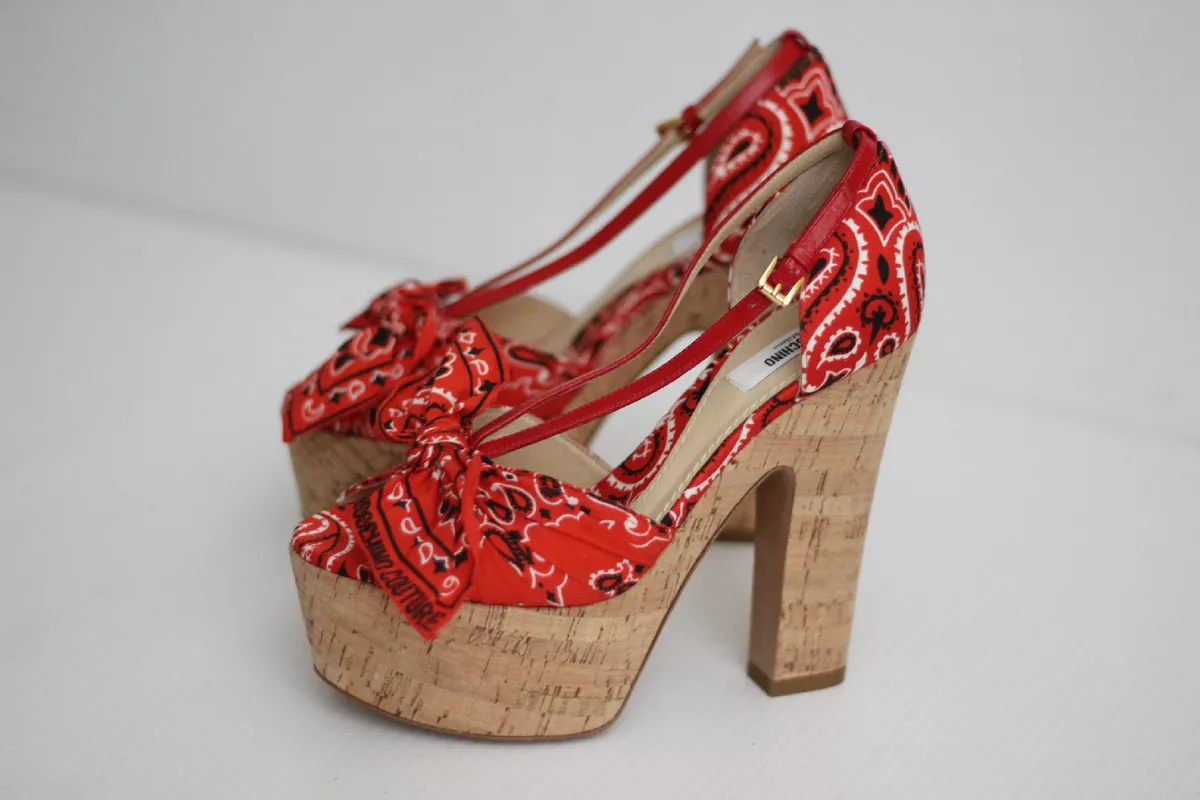 NEW Moschino Bandana Paisley Platform Sandal Cork Wedge Red