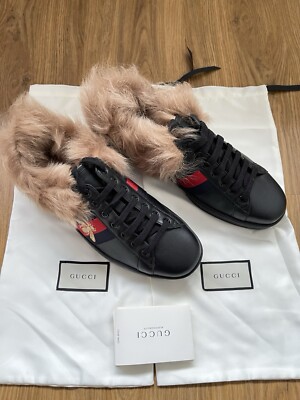 Gucci Black Leather and Fur Ace Embroidered Bee Low Top Sneakers Size  UK
