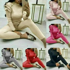New Ladies Womens Fine Ribbed Frill Peplum Button Loungewear Suit Tracksuit Set