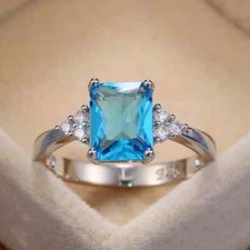 Silver Plated Female Ring For Christmas Gift 2 CT Simulated Aquamarine Midi Ring