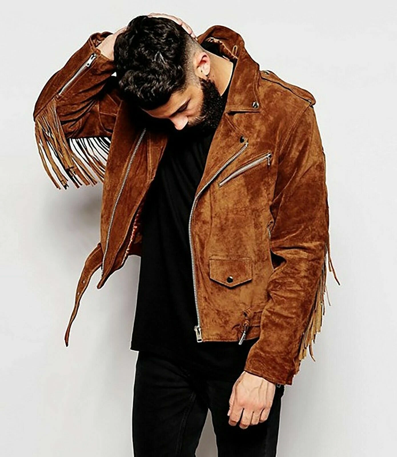 Men's American Moto Brown Suede Leather Jacket with Fringe Cowboy Western Style