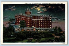 Virginia Beach, Virginia VA Postcard Night View of Gardens And Cavalier Hotel