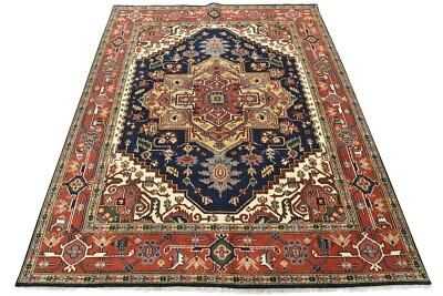 Heriz Serapi Rug 7'11'' x 9'10'' Blue Wool Tribal Hand-Knotted Oriental Carpet