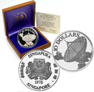 SINGAPORE $10 1978 Silver Proof 'Communications Satellites' Box