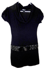 Delicious Los Angeles Cowl Neck Mini Dress-S, black  Front faux belt deco!
