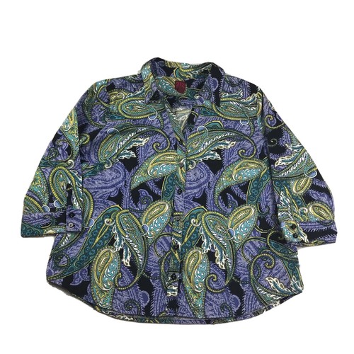 212 Collection Shirt Womens PXL Purple Paisley Stretch 3/4 Sleeves Button Up Top