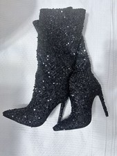 Sequins Knee High Boots Women Pointed Toe Heel Bling Long Black Sz. 6