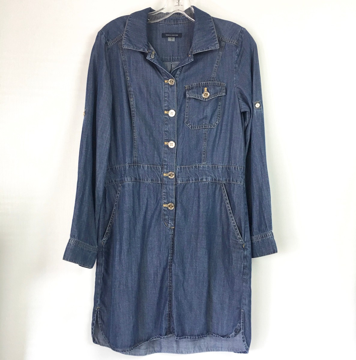hilfiger denim shirt dress Tommy Hilfiger Womens 8 Shirt Dress Blue Chambray Denim Roll Tab Long Sleeve