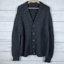 VTG Hand Knit Cable Cardigan Wool XL Gray Fisherman