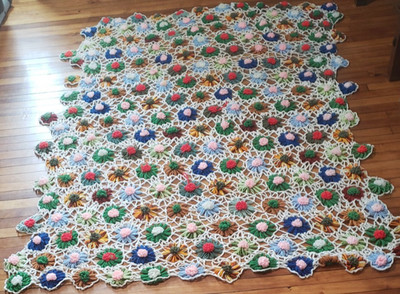 Vintage Crochet Flower Afghan Blanket Throw 63x80 Handmade Multicolor Boho Retro