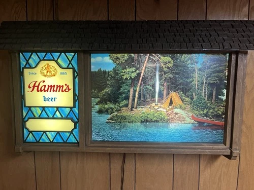 VINTAGE 1960s HAMM'S BEER SCENE-O-RAMA MOTION SIGN,  W/ WATERFALL CAMP CAMPFIRE