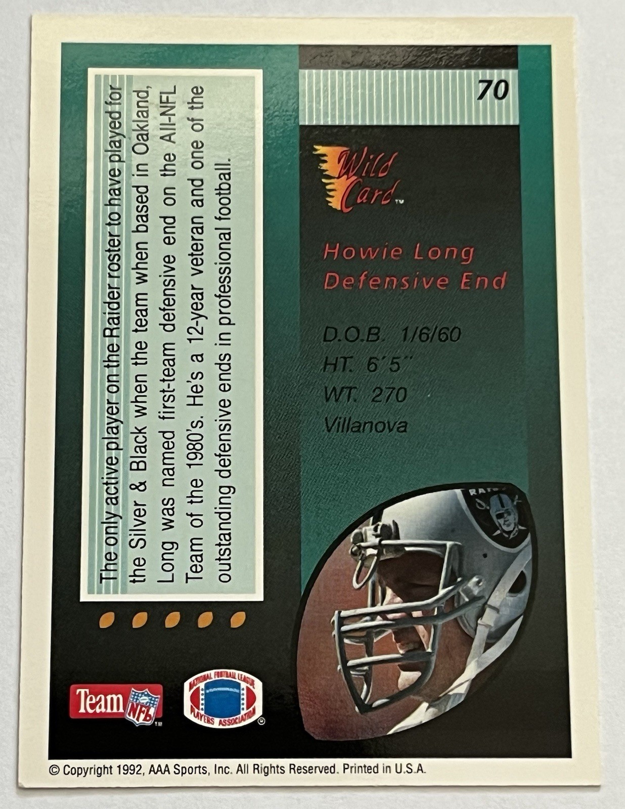 1992 Wild Card - Howie Long #70 100 Stripe Raiders HOF