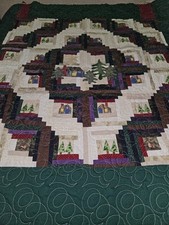 Log Cabin Homemade Winter Themed Quilt Patchwork Applique Houses Etc 75" X 78"