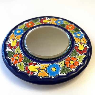 Kleiner floraler Keramik Spiegel - Cercolon Emaille handbemalt Spanien bunt 14 cm