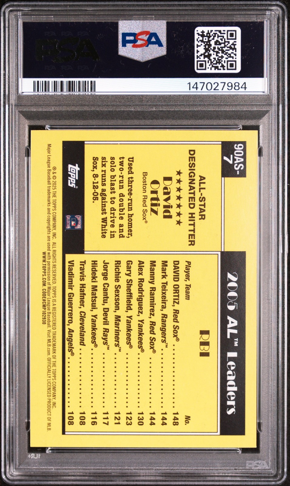 2025 TOPPS 1990 TOPPS ALL-STAR BASE RED #90AS7 DAVID ORTIZ PSA 10 view 2