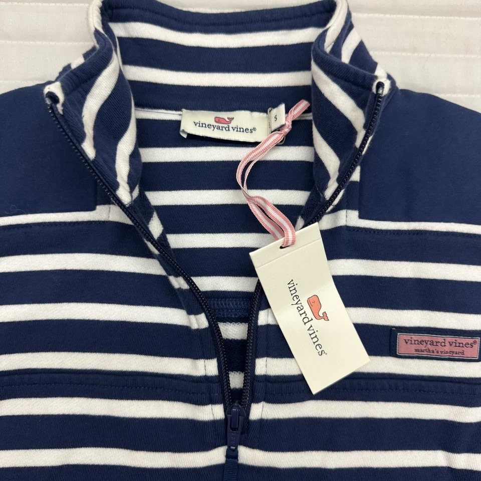 全新带标签 Vineyard Vines 女式条纹羊 1/4 拉链套衫蓝色白色 S 码 — 第 3/4 张图片