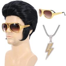 Elvis Presley Christmas Party 50s Rock Wig with Sunglasses and Necklace Rocker