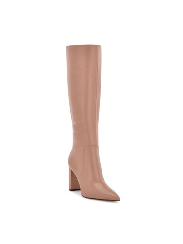 NINE WEST Womens Beige Goring Danee Pointed Toe Block Heel Leather Boots 9.5 M