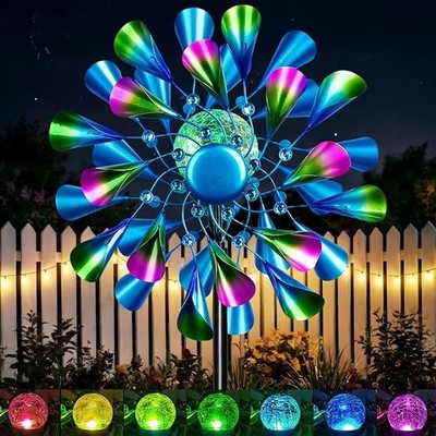 Solar Wind Spinner Outdoor Metal - Peacock Kinetic Garden Sculptures with Col...