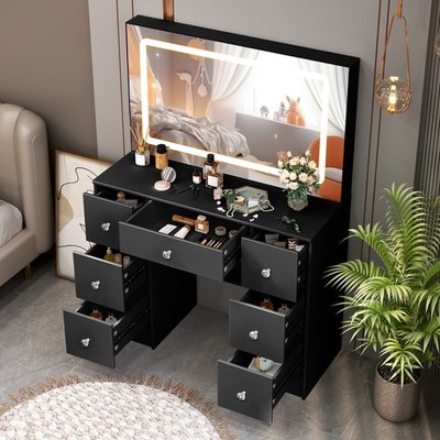 White Makeup Vanity Table with Lighted Mirror, Large Vanity Desk Storage Drawers
