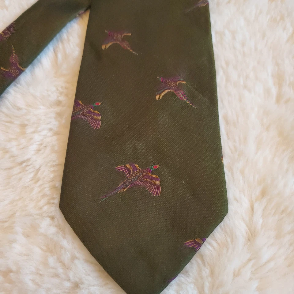 Corbata Perry Ellis DE COLECCIÓN Hecha a Mano en EE. UU. Faisanes Cazador Verde 100% Seda Italiana Foto 3 de 4