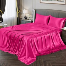 Satin Sheets King Silky Soft Satin Bed Sheets Hot Pink Sheet Set, 1 Deep Pocket