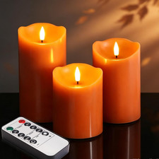 Burnt Orange Fall Halloween Flameless Pillar Candles with Remote Set of 3