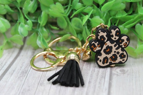Brown Leopard Paw Print Keychain with Tassel & Gold Heart - Picture 2 of 2