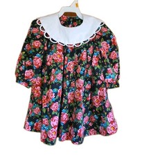 Vtg Plum Pudding Ltd 2T Floral Dress W/ Pants, Black W/Pink Roses, White Collar