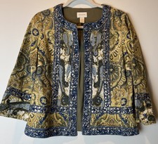 Chicos Women's Tan Blue 3/4 Sleeve Jacket Size 0 S 4/6 Embellished Blazer