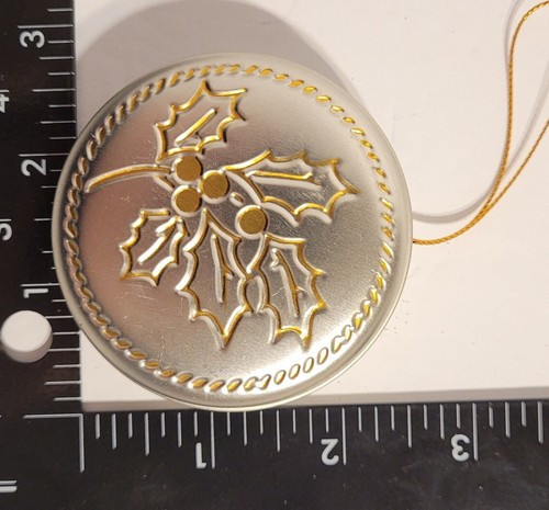 Hallmark Round Tin Christmas Ornament Silver & Gold Embossed Holly HTF Rare EUC - Picture 21 of 23
