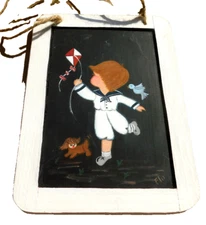 Vtg Slate Chalkboard Hand Painted Boy Kite Dog Bird Signed Wall Art Wood Frame