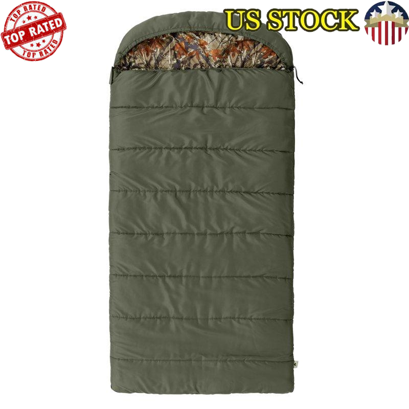 Camo Hooded Sleeping Bag 30F Built-in Straps Cellphone Pocket Camo Print New