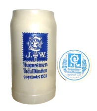 Augustiner Brau Munich salt-glazed 1L Masskrug German Beer Stein && Coaster