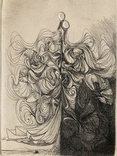 Very beautiful surrealist engraving signed Arnulfo to identify 1980 woman hair art