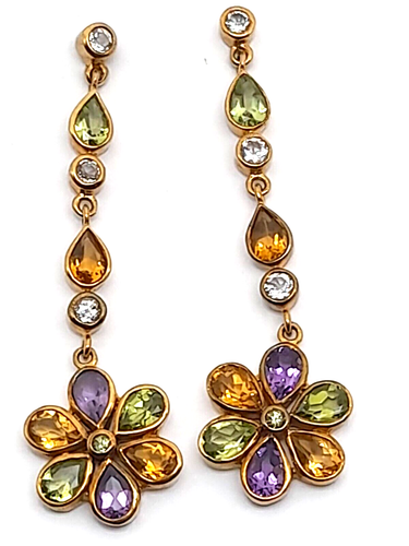 9 Karat Gelbgold Amethyst, Citrin, Diamant & Peridot Reiben über Tropfen Ohrringe