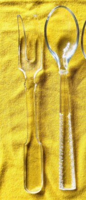 Vintage Servierlöffel und Gabel aus geschliffenem Glas