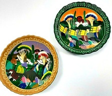 2 Hand Painted Trinket Dishes Footed Bowls Mexican Folk Art Terra Cotta Pottery