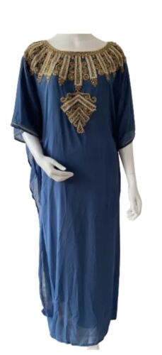 Ladies Jalabiya Farasha Diamante Dubai Abaya Maxi Dress embroidery Lined(9)-Teal - Afbeelding 1 van 6