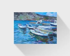 Oil painting Boats on pier Ukrainian painter Canvas original seaside landscape