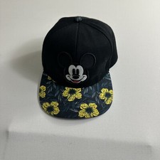 Disney Mickey Mouse Snapback Hat Cap Black Floral Brim One Size Casual Baseball