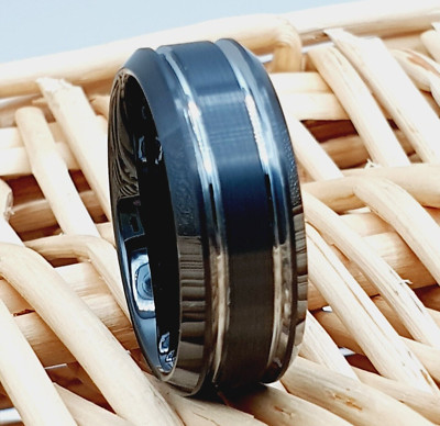 Black Tungsten Carbide Wedding Ring for Men   Domed Silver Strip Band for Him