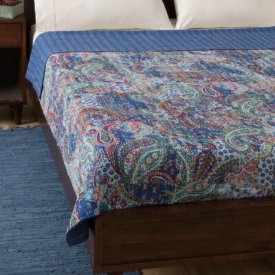 Indian Handmade Blue Twin Paisley Cotton Kantha Quilt Throw Blanket Bedspread 